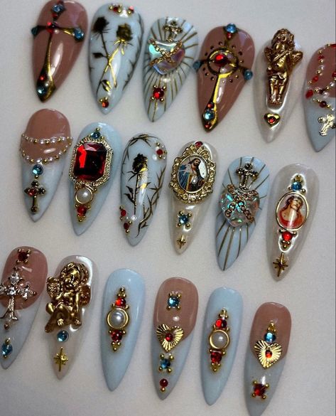 Goth Instagram, Catholic Iconography, Nail Design Glitter, 2023 Nails, Nails Art Designs, Nail Board, Vintage Nails, Modern Nails, Goth Nails