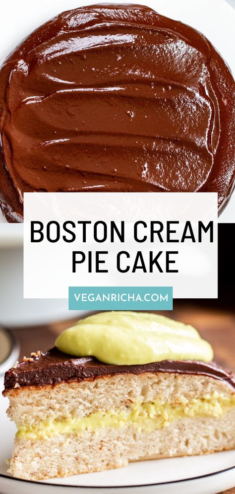 This Vegan Boston Cream Cake makes for a marvelous celebration cake that kids and adults will love. Vegan sponge cake filled with vegan vanilla custard and topped with chocolate ganache. Gluten-free option and nut-free option included. Vegan Vanilla Custard, Vegan Sponge Cake, Boston Cream Pie Cake, Boston Cream Cake, Sponge Cake Filling, Boston Cream Pie, Flax Seed Recipes, Vegan Cake Recipes, Boston Cream