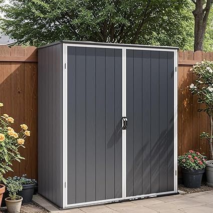 Amazon.com : Patiowell 5 x 3 FT Plastic Outdoor Storage Shed, Resin Waterproof Cabinet with Stable Roof and Lockable Doors for Patio Furniture, Pool Accessories and Tools, Dark Grey : Patio, Lawn & Garden Outdoor Cabinets, Boat Shed, Outdoor Cabinet, Grey Patio, Outdoor Storage Shed, Outdoor Storage Cabinet, Shed Design, Outdoor Storage Sheds, Pool Accessories