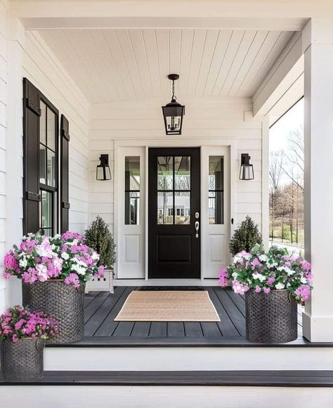 Entrance Ideas, Copper Planters, Exterior Front Doors, Decor Steals, Cozy Farmhouse, Decorative Planters, House Paint Exterior, Paint Colors For Home, Front Yard Landscaping