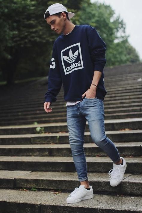 How to Style Adidas Superstar Men-18 Outfits with Adidas Sneakers Herren Style, Teen Boy Outfits, High Street Fashion, Country Men, Cooler Look, Sneakers Men Fashion, 가을 패션, Men's Wardrobe