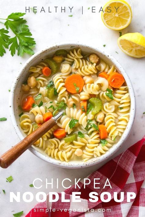 Vegan Chickpea Noodle Soup is loaded with veggies, protein rich chickpeas, hearty pasta & flavorful herbs, and ready in 30 minutes! May I also add that this recipe requires minimal chopping, uses mostly pantry ingredients and is a budget friendly lunch, dinner or meal prep idea. It's sure to be a new healthy favorite for the meal rotation! Chickpea Noodle Soup, Chickpea Noodle, Plant Based Diet Meals, Easy Vegan Soup, Plant Based Diet Meal Plan, Meal Rotation, Plant Based Recipes Easy, Vegan Chickpea, Pantry Ingredients