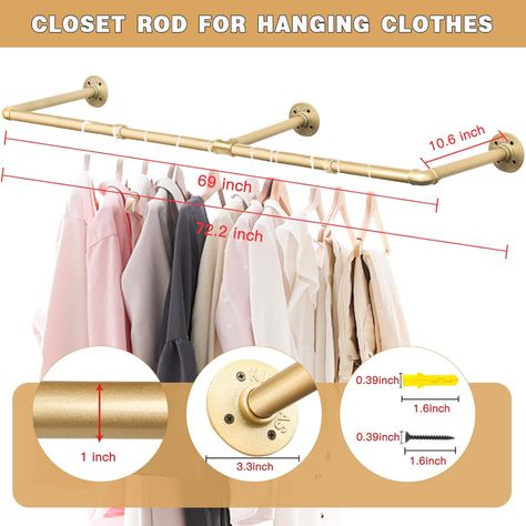 Amazon.com: Gold Wall Mount Iaundry Drying Rack - 54" Pipe Garment Rack, Portable Heavy Duty Iron Closet Hanger Rod, Modern Metal Detachable DIY Hanging Bar for Laundry Room and Closet Storage : Home & Kitchen Ceiling Mount Clothes Rod, Pull Down Closet Rod Hanging Clothes, Laundry Room Hanging Bar With Shelf, Laundry Room Cabinet Hanging Rod, How To Reinforce Closet Rod, Heavy Duty Closet Rod, Exposed Closet, Gold Wall Mounted Clothing Rack, Laundry Room Drying Rack