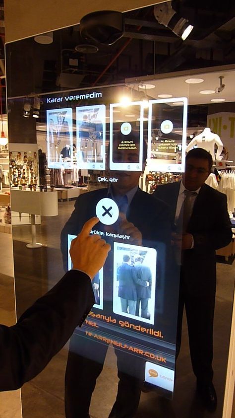 Touch-screen mirrors installed into retail outlets heighten the customer experience! Interactive Retail, Screen Installation, Digital Retail, Retail Technology, Interactive Walls, Smart Mirror, Interactive Display, Retail Concepts, Interactive Media