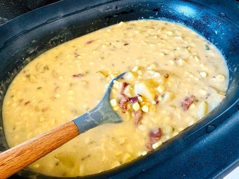 Slow-Cooker Corn Chowder with Bacon – Recipe! - Live. Love. Laugh. Food. Slow Cooker Corn With Bacon, Mint Pesto Recipe, Corn With Bacon, Corn Chowder With Bacon, Slow Cooker Corn, Slow Cooker Corn Chowder, Bacon Corn Chowder, Lemon Cheesecake Recipes, Watermelon Feta Salad