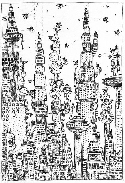 Space Travel Posters, Cityscape Drawing, House Colouring Pages, City Drawing, Zentangle Drawings, Collage Background, Doodles Zentangles, Doodle Illustration, House Drawing