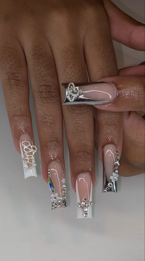 Graduation Nails Acrylic Long, Silver Rhinestone Nails, Glam Nails Rhinestones, Silver Birthday Nails, Virgo Nails Acrylic, Virgo Nails Designs, Silver French Tip, Virgo Nails, Matching Nails