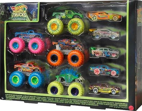 Hot Wheels Monster Trucks Glow in The Dark Multipack with 5 Monster Trucks & 5 Cars Rc Cars And Trucks, Play Vehicles, Mattel Hot Wheels, Pokemon Trading Card, Hot Wheels Cars, Monster Truck, Toy Vehicles, In The Dark, Glow In The Dark