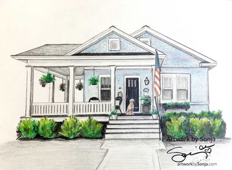 Cottage Park Bungalow House Portrait by ... Bungalow House Drawing, Bungalow Drawing, Bungalow Pictures, Bungalow Porch, House Doodle, Artist Problems, Watercolor House, Watercolor House Portrait, House Pictures