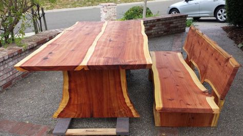 Redwood Projects, Redwood Slabs, Table With Bench, Cedar Tree, Welding Ideas, Slab Table, Cedar Trees, Tear Down, Bench Table