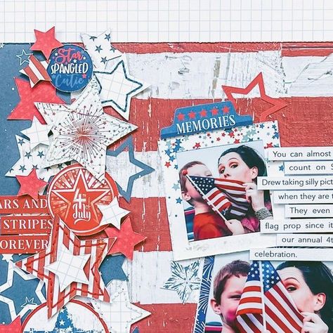 Allison Davis on Instagram: "I tend to challenge myself often to find different ways to incorporate the theme of my layout into the design and I did that with this layout by creating an American flag background. The base is a really simple square background with a blue strip on one side and a red and white striped piece on the other. Then to add a fun element there's a large cluster of stars over the seam of those two paper pieces. 🇺🇸 #scrapbook #scrapbooking #scrapbookingidea #scrapbookideas Patriotic Scrapbook Layouts, Create A Flag, Patriotic Scrapbook, Allison Davis, 4th Of July Photos, Scrapbook Generation, Scrapbook Design Layout, American Flag Background, Patriotic Flag