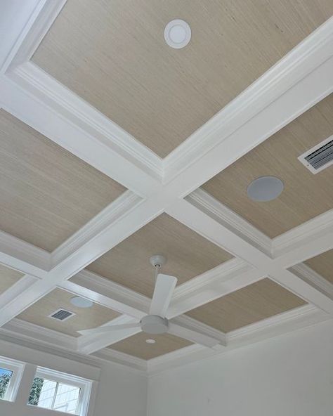 How To Coffered Ceiling, Textured Wallpaper On Ceiling, Coffered Ceiling With Wallpaper, Coffered Ceiling Wallpaper, Woodwork On Ceiling, Grasscloth On Ceiling, Wallpaper Coffered Ceiling, Grasscloth Wallpaper Ceiling, Grass Cloth On Ceiling