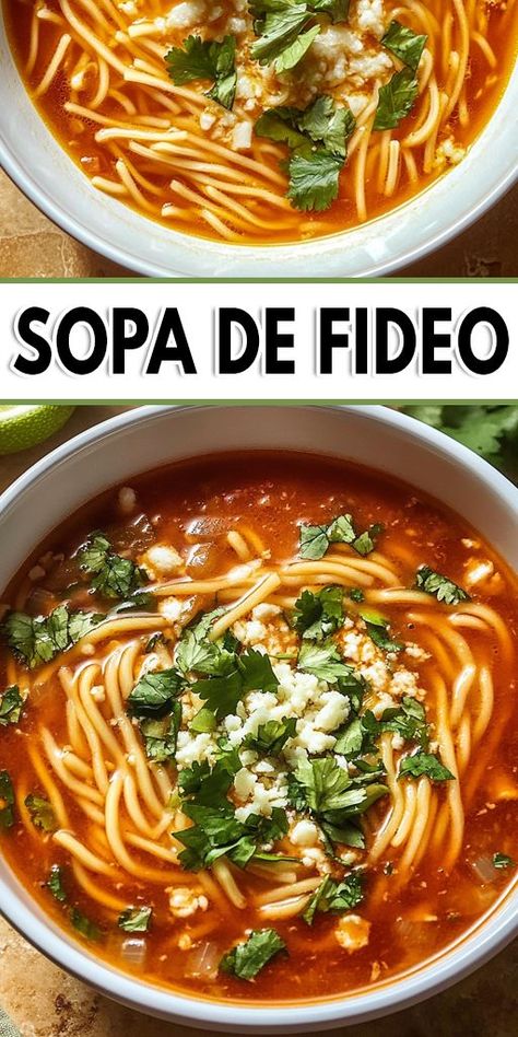 Sopa De Fideo Ingredients: 1/4 cup extra-virgin olive oil or neutral oil 6 oz. fideo or vermicelli, broken into 1″ pieces 1 tsp. kosher salt, divided 1/2 white onion, finely chopped 2 large or 4 small cloves garlic, finely chopped 1 (14-oz.) can whole tomatoes 1/2 tsp. ground coriander 1/2 tsp. ground cumin 6 cups store-bought or homemade low-sodium chicken broth Crumbled queso fresco, fresh cilantro, and lime wedges for serving #Soup #Quickrecipe Fideo Soup Recipe, Mexican Noodle Soup, Can Whole Tomatoes, Fideo Recipe, Garlic Broth, Canning Whole Tomatoes, Low Carb Mexican, Fall Soup Recipes, America Food