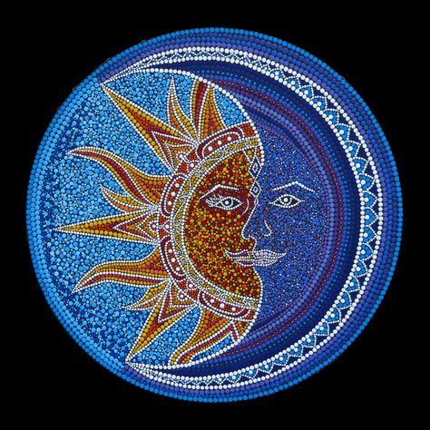 Dot painting Acrylic on canvas and then sealed with a matte varnish spray 40 cm Dot Acrylic Painting, Sun And Moon Dot Art, Dot Painting Acrylic, Circle Painting Ideas On Canvas, Sun And Moon Mandala Dot Painting, Mandala Art On Circle Canvas, Sun Dot Art, Dot Painting Landscape, Sun Dot Painting