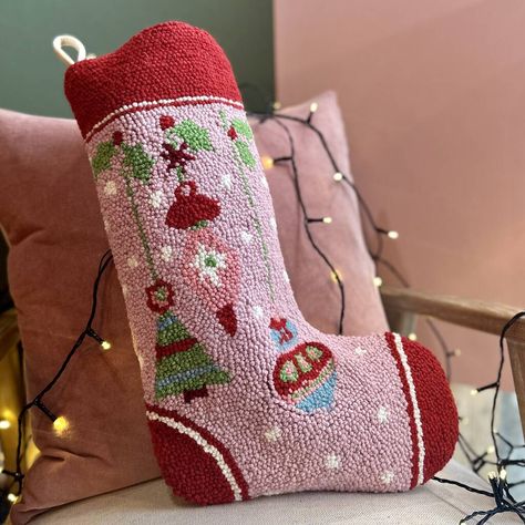 Punch Needle Stocking, Striped Christmas Stocking, Punch Needling, Alphabet Gifts, Red Christmas Stockings, Christmas Punch, Personalised Christmas Decorations, Punch Needle Patterns, Christmas Patterns