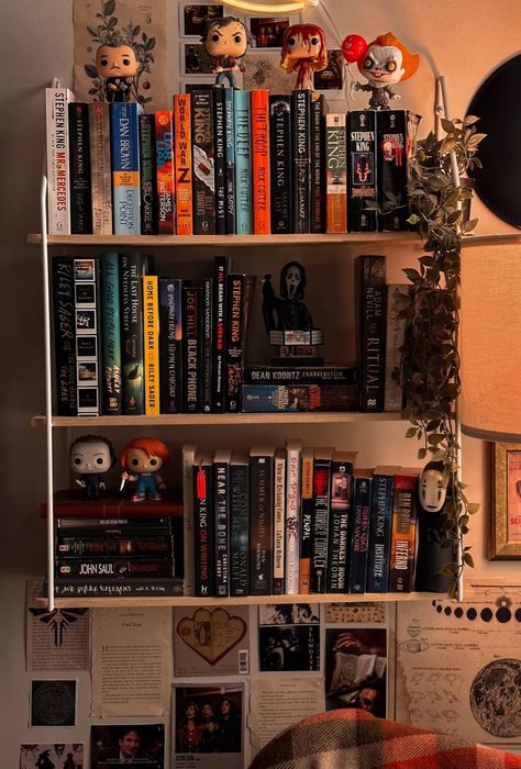 Geezatrix Room, Halloween Bookshelf Decor, Horror Bedroom, Movie Shelf, Horror Room, Halloween Bedroom, Horror Decor, Retro Room, Room Redesign