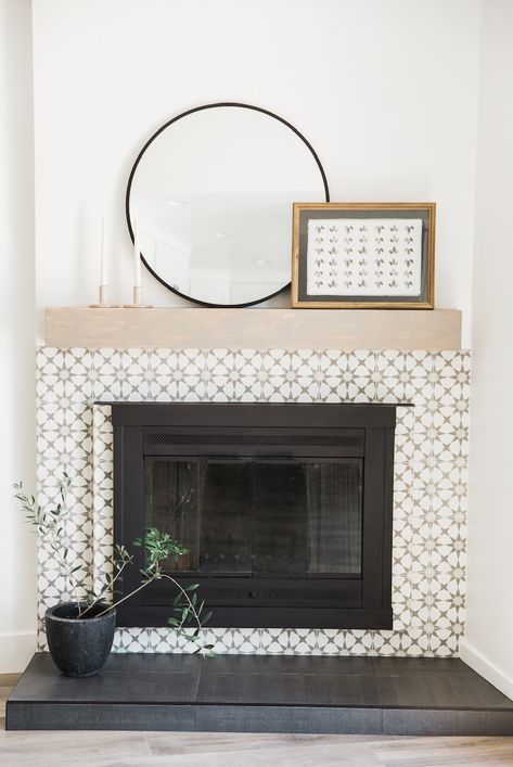 Fireplace remodel. Modern Farmhouse. Floating Mantel. Pattern Tile. Grey and White. Gas Fireplace Ideas, Sleek Fireplace, Floating Mantel, Fireplace Tile Surround, White Fireplace, Pattern Tile, Fireplace Remodel, Interior Design Photos, Fireplace Ideas