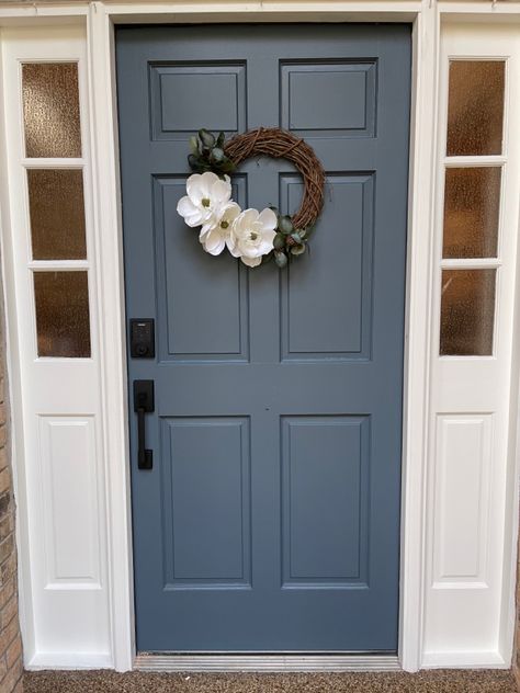 Navy Grey Front Door, Navy Door And Shutters, Cream House Door Color Ideas, Blue Front Door Black Hardware, White Brick House With Blue Door, Tan House With Blue Door, Slate Blue Door, Slate Blue Front Door Colors, Navy Blue Front Door Tan House