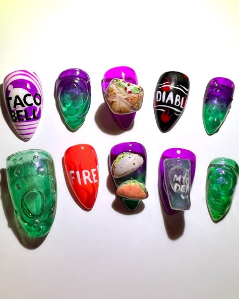 Dian Amani • Press On Nail Artist | Taco Bell nails for a Taco Bell lover🥹 y'all let's do it again can y'all tag @tacobell and hope they see this!!! 🥹🥹🥹 Handpainted using pro… | Instagram Taco Bell Nail Art, Taco Bell Nails, Taco Nails, Hope Nails, Nail Design Black, Nail Design Christmas, Ombre Nail Design, Flower Nail Design, Nail Easy