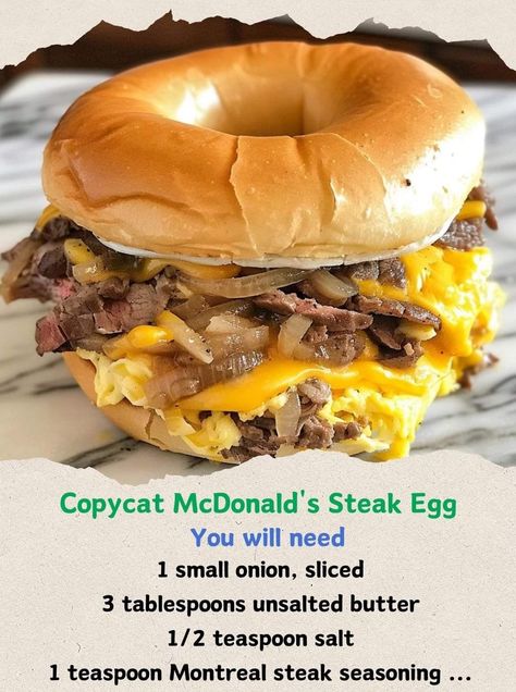 Mcdonald's Steak Egg And Cheese Bagel, Steak Egg And Cheese Bagel, Bagel Fillings, Ranch Potatoes Baked, Egg And Cheese Bagel, Mcdonalds Copycat Recipes, Bagel Sandwich Recipes, Aip Paleo Breakfast, Mcdonalds Recipes