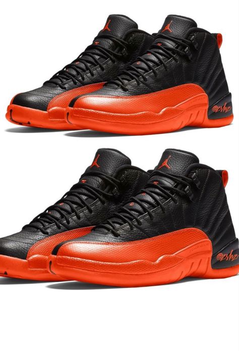 Jordans Orange, Orange Jordan Shoes With Cushioned Footbed And Round Toe, Black And Orange Jordans, Orange Black Nike, Jordan 12 Black, Jordan 12 Black Taxi, Jordan 12, Jordans 12, Jordan Shoes