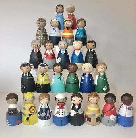 Painted Peg Dolls, Warrington England, Wooden Peg Dolls, People Who Help Us, Eyfs Activities, Wood Peg Dolls, Peg People, Pin Doll, School Play