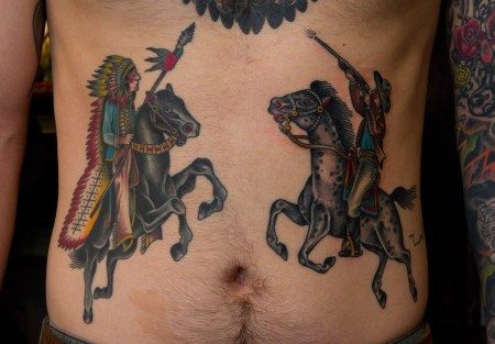 Cowboys & Indians  by Bailey Robinson Cowboy Indian Tattoo, Cowboys Vs Indians Tattoo, Cowboys And Indians Tattoo, Cowboy And Indian Tattoo, Cowboys Vs Indians, Idle Hands Tattoo, Knight On Horse, Cowboy Tattoos, Indian Horses