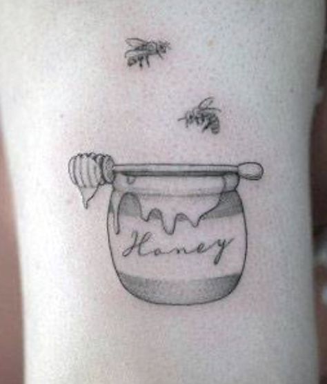 Honey Pot Tattoo Ideas, Honey Pot And Bee Tattoo, Honey Wand Tattoo, Honey Bear Bottle Tattoo, Honeybun Tattoo, Pot Of Honey Tattoo, Honey Spoon Tattoo, Honey Pot Tattoo Simple, Winnie The Pooh Honey Pot Tattoo