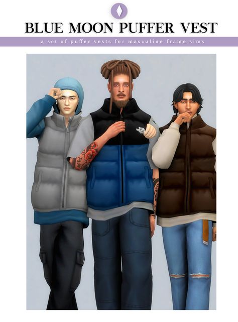 Blue Moon Puffer Vest Set | nucrests no Patreon Sims 4 Cc Dad Clothes, Ts4 Cc Boy, Masc Clothing, Ts4 Patreon, Dad Outfits, Sims 4 Men Clothing, Ts4 Mods, Sims 4 Male Clothes, Clothes Cc