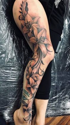 Lilly Hip Tattoos Women, Full Leg Tattoos Women Sleeve Flowers, Women Leg Sleeve Tattoo Ideas Stencil, Thigh And Leg Tattoos Women, Leg Cover Up Tattoos For Women, Lilly Tattoo Sleeve, Low Waist Tattoo, Flower Leg Tattoos Women, Best Leg Tattoos For Women