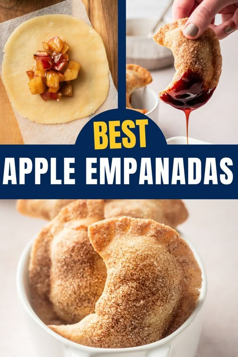 These apple empanadas are super easy to make and taste like mini apple pies but better! And you can make these as air fryer empanadas, or fry or bake them! Best Apple Empanadas, Apple Pie Empanadas Baked, Empanadas Recipe Apple, Empanada Air Fryer Recipes, Baked Apple Empanadas, Carmel Apple Empanadas Air Fryer, Cinnamon Apple Empanadas, Air Fried Empanadas, Dessert Empanadas Easy