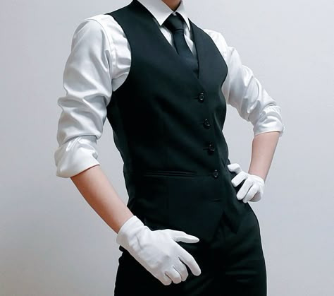 Butler Pose Reference, Butler Outfit Men, Suit Reference Photo, Photo Reference Poses Male, Gloves Reference, Photo Reference Poses, Crazy Poses, Waiter Outfit, Butler Outfit