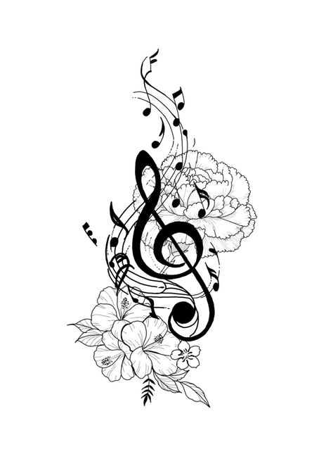 Flower And Music Note Tattoo, Music Themed Drawings, Music Inspired Tattoos For Women, Music Tattoo Designs Sleeve, Tattoo For Music Lovers, Tattoos Music Notes, Music Lover Tattoo, Notes Tattoo, Upper Thigh Tattoos