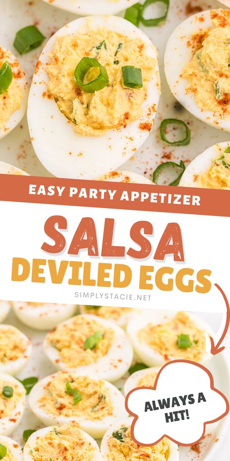 Two image collage of Salsa Deviled Eggs. First image shows up close of a deviled egg. Second image shows them on a plate. Taco Deviled Eggs, Specialty Deviled Eggs, Mexican Deviled Eggs Recipe, Unique Deviled Eggs, Devils Eggs, Mexican Deviled Eggs, Mexican Easter, Gourmet Deviled Eggs, Angel Eggs