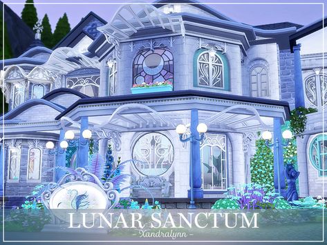 Lunar Sanctum is a two-story estate designed for a family of spellcasters. The first floor features: spacious front entrance, large office, kitchen, living room, dining room, bar, powder room,... Built In Nursery, Fantasy Mansion, Powder Room Laundry, Large Office, Anime Places, Magic House, Sims 4 House Design, Casas The Sims 4, Sims Building