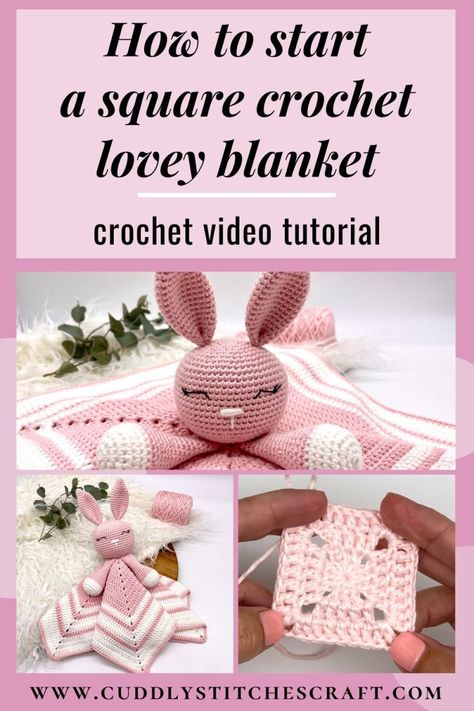 In this crochet video tutorial, I am going to show you how to start a square crochet lovey blanket. This video has been requested by many of you who would like to crochet my crochet bunny lovey so I hope you find this tutorial helpful. I will show you step by step how to crochet the first three rounds of the blanket as these seem to be the most challenging. #amigurumi #crochet #crochettoys #crochetanimals #crochettechniques Amigurumi How To Start, Crochet Lovey Blanket, Crochet Bunny Lovey, Newborn Knitting, Amigurumi Tips, Crochet Security Blanket, Bunny Lovey, Bunny Blanket, Lovey Pattern