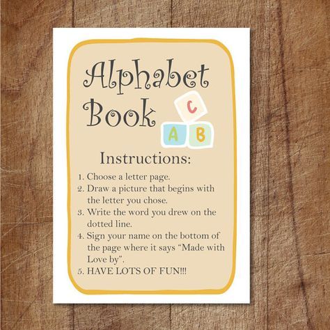 Instant Download: Printable Baby Shower Babys First Alphabet Book - Cards, Cover Page & Instructions Sign. This listing is for a DIGITAL FILE only. No physical product/item will be shipped. What youll receive? TYPE & FORMAT: 3 PDF (non-editable) files, 300 dpi for quality Dinosaur Birthday Games, Quick Baby Shower Games, Baby's First Alphabet Book, Scrapbook For Baby, Alphabet Scrapbook, Flamingo Baby Shower, Baby Shower Game Printable, Storybook Baby Shower, Baby Shower Gift Bags