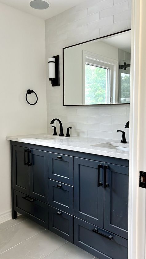 Navy Vanity Black Hardware, Navy Blue Vanity, Black Faucets, Black Faucet Bathroom, Navy Blue Bathrooms, Tile Accent Wall, Navy Bathroom, Blue Bathroom Vanity