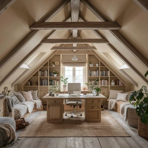 Farmhouse Attic Space, Attic Homeschool Room, Sloped Ceiling Office, Attic Office Ideas, Wood Attic, Office Reference, Small Attic Room, Loft Layout, Attic Library