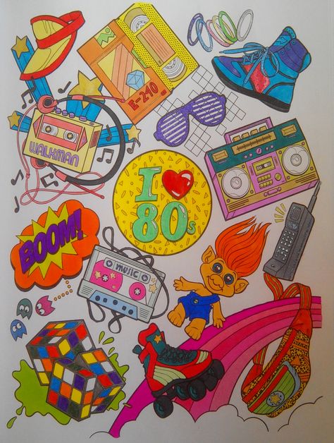 Symbols Of The 80s, 80s Aesthetic Drawing Ideas, 90s Theme Tattoo, 80s Drawings Ideas, 80s Doodles, 80s Drawings, 80s Images, Disney Mural, Bright Colors Art