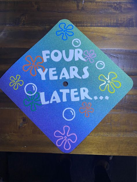 Under sea colorful Four Years Later Graduation Cap, Spongebob Graduation Cap Ideas, Cap Decoration Graduation Spongebob, Spongebob Grad Cap, Anime Grad Cap, Graduation Cap Ideas Funny, Graduation Cap Designs Aesthetic, Spongebob Graduation Cap, Funny Graduation Caps