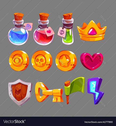 Heart Game Icon, Vector Game Art, Crown Concept Art, Game Assets 2d, Heart Lightning, Crown Icon, Game Icon Design, Icon Game, Crown Illustration