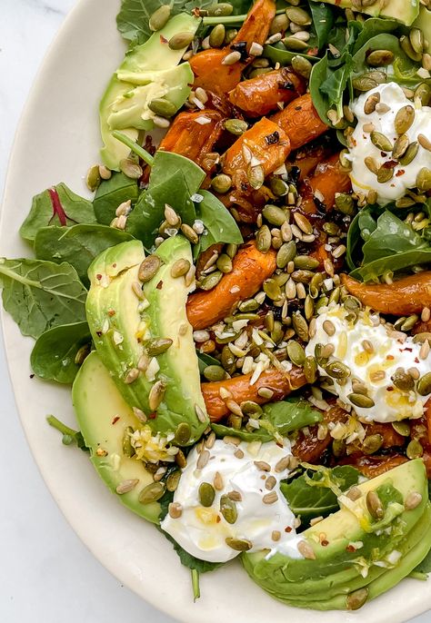 Roasted Carrot Avocado Salad with Yogurt Citrus Vinaigrette (Vegetarian, Gluten-Free. Inspired by ABC Kitchen) Carrot Avocado Salad, Roast Carrot Salad, Follicular Phase Salad, Kathleen Ashmore, Roasted Carrot Salad, Follicular Phase, Salad Vegetarian, Roasted Carrot, Citrus Vinaigrette