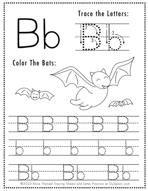 Free Halloween Themed Letter Tracing Worksheet Letter B is for Bats -Engage young learners with free printable Halloween-themed alphabet letter worksheet sets! Ideal for homeschoolers & preschool teachers and perfect for Halloween-themed lesson plans! 🍁🖍👻🎨 #Homeschooling #PreschoolEducation #PreKLearning #HalloweenActivities #AlphabetWorksheets #Printables #Freeprintable #FreeprintableHalloweenWorksheet B Tracing Worksheet, Letter B Tracing, Letter B Activities, Letter B Coloring Pages, Daycare Lesson Plans, Letter B Worksheets, Alphabet Letter Worksheets, Halloween Themed Activities, Letter Worksheets For Preschool