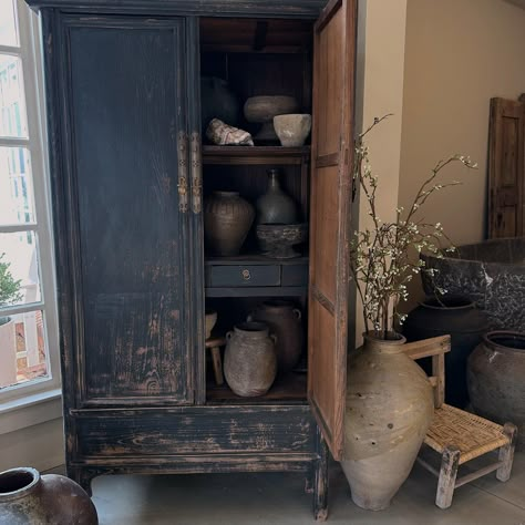 Wooden Armoire - Cultheir Armoire In Living Room, Greenery Room, Painted Armoires, Armoire Decor, Kitchen Armoire, Chinese Furniture Design, Moody Farmhouse, Industrial Style Living Room, Wooden Armoire