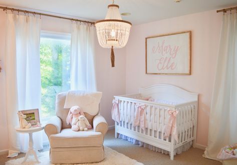 Baby girl nursery Pink Bunny Nursery Girl Rooms, Pink And White Gingham Nursery, Pink Themed Nursery, Pink Nursery Accessories, Powder Pink Nursery, Girly Pink Nursery, Baby Girl Nursery Bunny Theme, Love Shack Fancy Inspired Nursery, Classic Pink Nursery