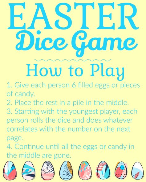 Easter Dice Game for Kids - Printable with Instructions Easter Dice Games For Kids, Easter Dice Game Printable, Left Right Easter Story Game, Easter Dice Game, Adult Easter Egg Hunt, Easter Cricut, Fun Easter Games, Easter Games For Kids, Easter Scavenger Hunt