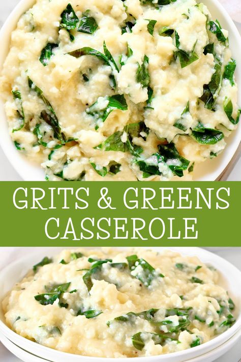 Grits and Greens Casserole Grits And Vegetables, Recipes With Grits Meals, Grits And Greens Casserole, Grits And Greens, Grits Recipes, Southern Grits, Quick Grits, Instant Grits, Grits Casserole