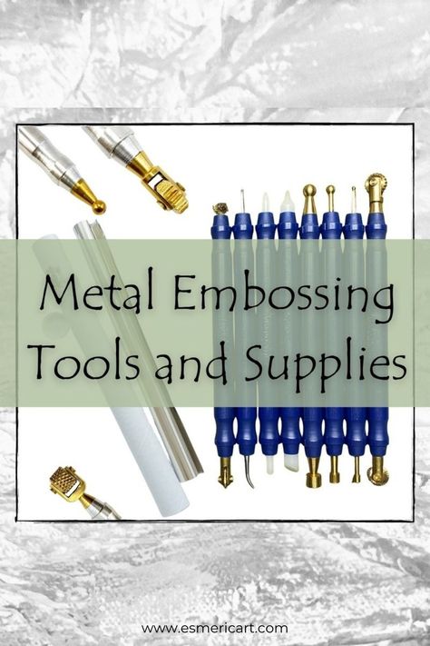 metal embossing tolls and supplies from esmeric art Metal Tape Art, Etched Metal Jewelry, Pewter Embossing, Tin Foil Art, Metal Stamping Diy, Metal Embossing Art, Soda Can Crafts, Embossing Tools, Aluminum Foil Art