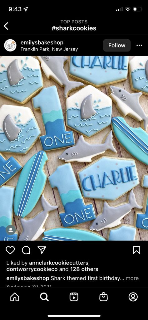 Shark First Birthday Party Boys, Shark Theme Cookies, 2nd Birthday Shark Theme, First Birthday Shark Theme, 3rd Birthday Shark Theme, 1st Birthday Shark Theme, Shark Themed 1st Birthday Party, Shark Week Cookies Decorated, Shark Fourth Birthday